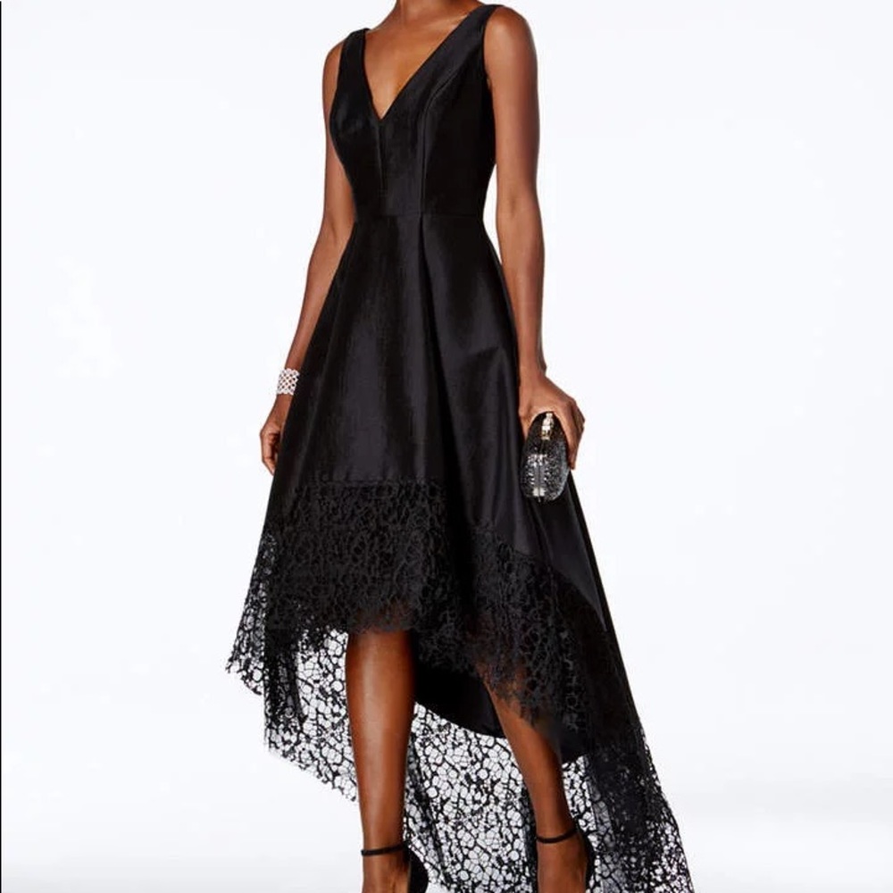 Black Lace-Trimmed Hi-Low Gown Betsy & Adam NWT